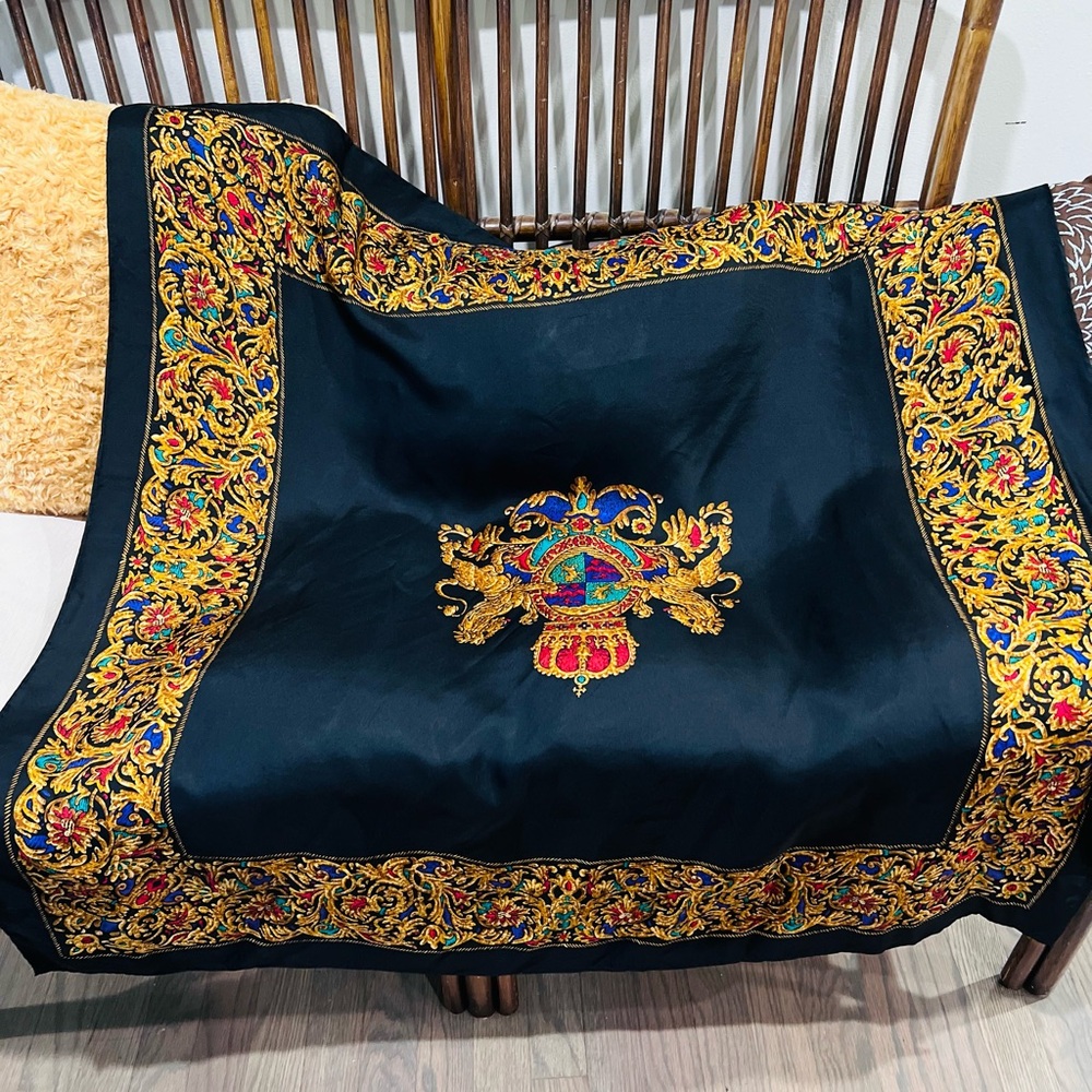 Black Embroidered Silk-Feel Scarf with Gold and Multicolor Motif
